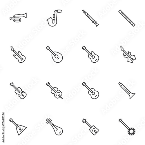 Music instrument line icons set, outline vector symbol collection, linear style pictogram pack. Signs, logo illustration. Set includes icons as saxophone, acoustic guitar, viola, flute, balalaika