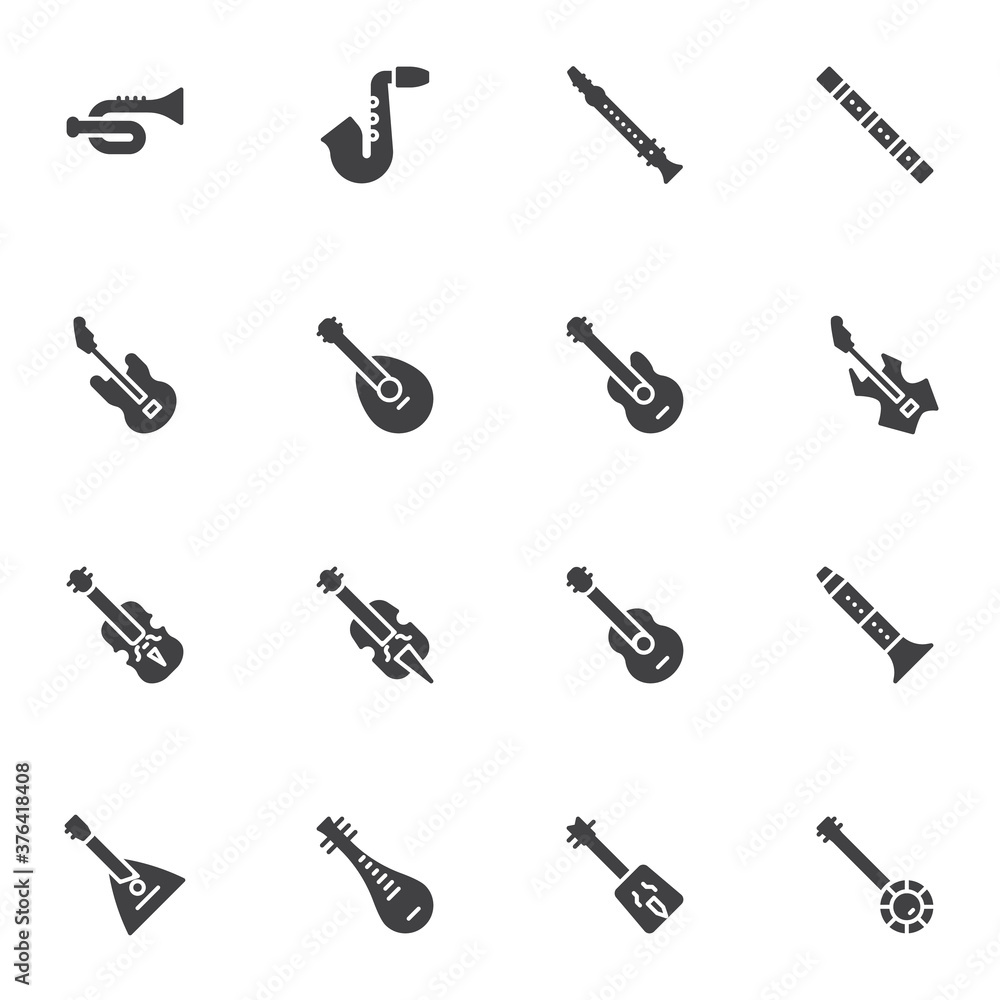 Music instrument vector icons set, modern solid symbol collection, filled style pictogram pack. Signs, logo illustration. Set includes icons as saxophone, acoustic guitar, viola, flute, balalaika Music instrument vector icons set, modern solid symbol collection, filled style pictogram pack. Signs, logo illustration. Set includes icons as saxophone, acoustic guitar, viola, flute, balalaika
