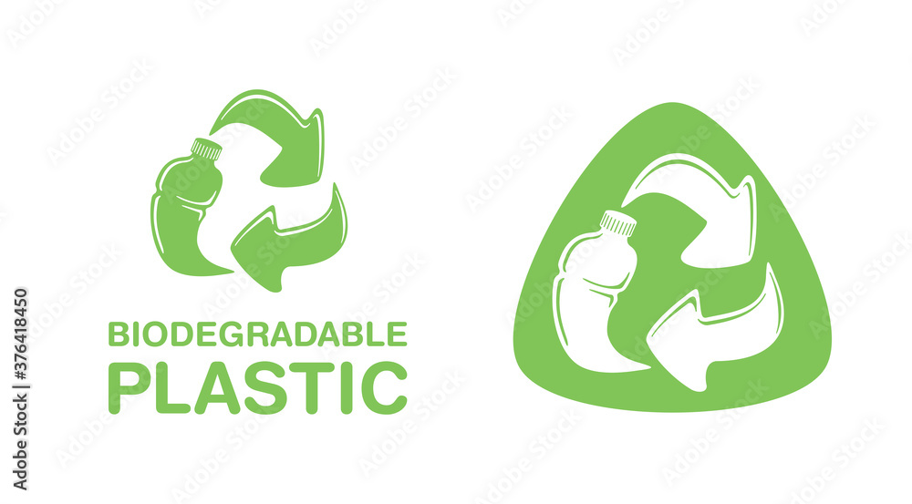 Biodegradable plastic sign - bottle turns to recycle symbol - eco-friendly compostable material production (environment protection emblem) Biodegradable plastic sign - bottle turns to recycle symbol - eco-friendly compostable material production (environment protection emblem)