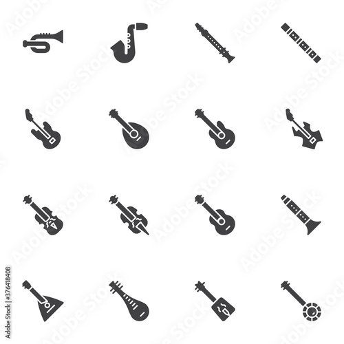 Music instrument vector icons set, modern solid symbol collection, filled style pictogram pack. Signs, logo illustration. Set includes icons as saxophone, acoustic guitar, viola, flute, balalaika