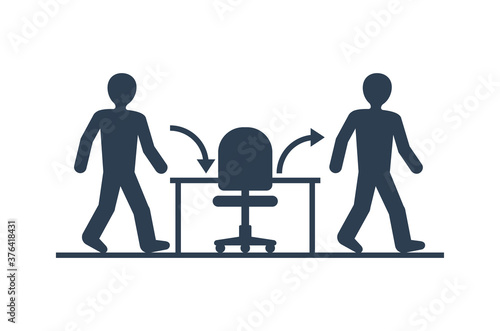 Employee turnover in human resources - act of replacing a worker with a new worker that measured as a percentage rate - two people icons (working staff) and office chair
