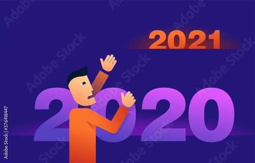Survive in 2020 and meet year 2021 concept - abstract man climbing the digits and asking for help