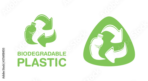 Biodegradable plastic sign - bottle turns to recycle symbol - eco-friendly compostable material production (environment protection emblem)