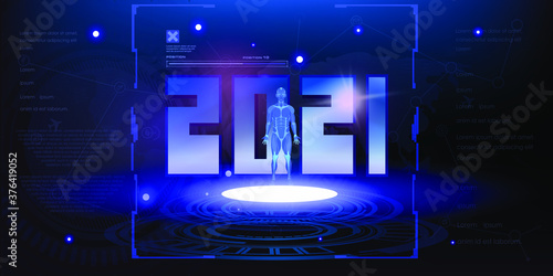 Futuristic background with hologram of neon numbers 2021. Cyber fantasy tech background with illuminated 2021 letters in 3D space of HUD interface. Computer technology and communications © PALERM089