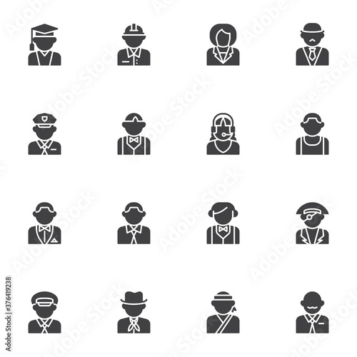 People profession avatars vector icons set, modern solid symbol collection, filled style pictogram pack. Signs logo illustration. Set includes icons as police sheriff, teacher, driver, waiter, student