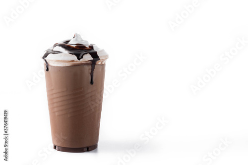 Chocolate iced milkshake isolated on white background. Copy space