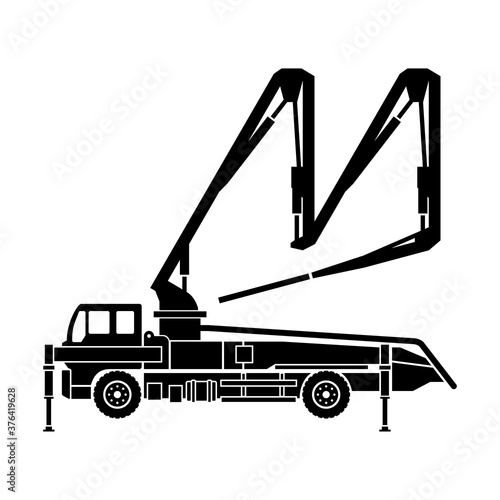Concrete pump truck silhouette - machine used for transferring liquid concrete by pumping that attached to truck with remote-controlled articulating robotic arm (boom)
