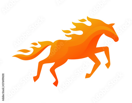 Running horse with mane and tail as a flame - burning silhouette of animal - isolated vectgor logo or emblem