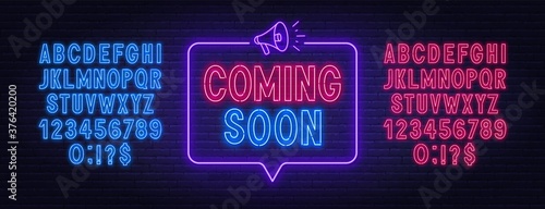 Coming soon neon sign in speech bubble frame with megaphone. Red and blue neon alphabets.Vector illustration.