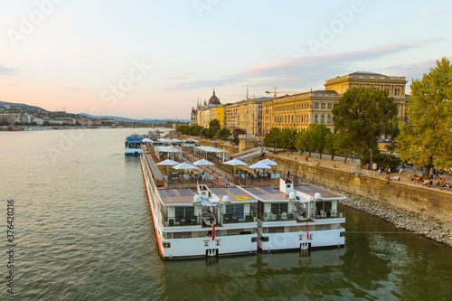 Photography View of the Danube river embankment in Budapest at sunset