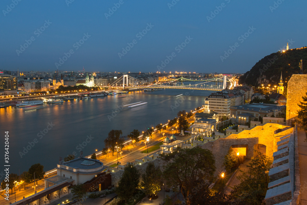 Night view of the Danube river embankment in Budapest. Hungary