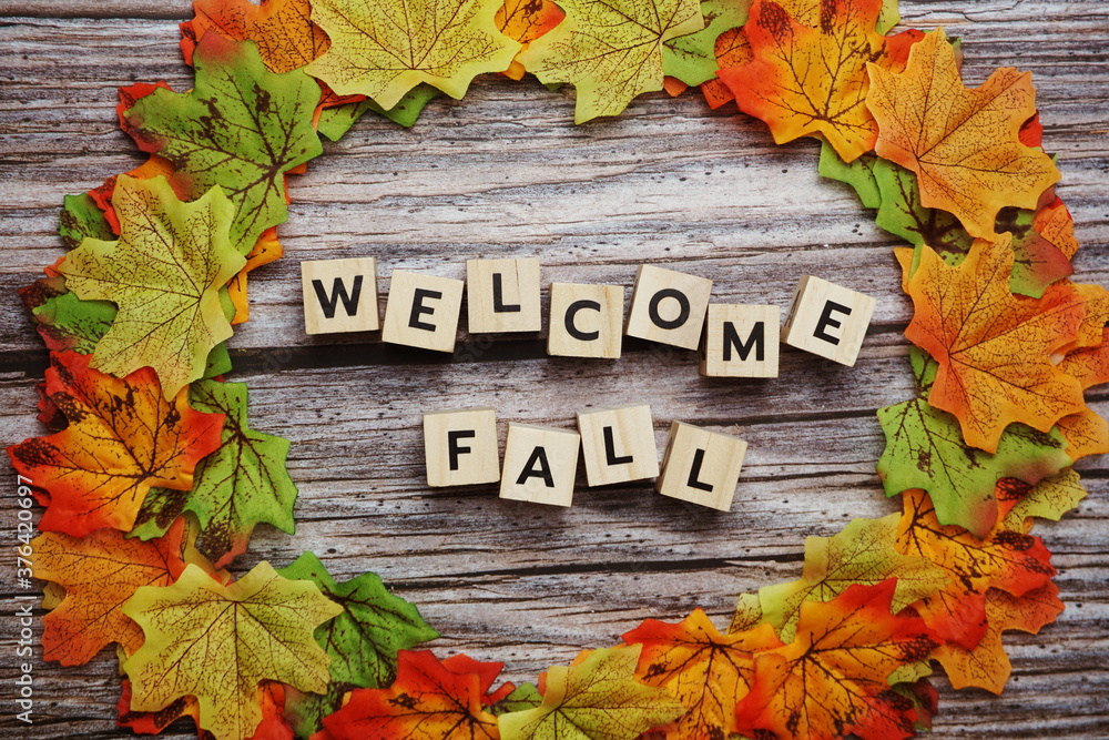Welcome Fall message alphabet letter on wooden background