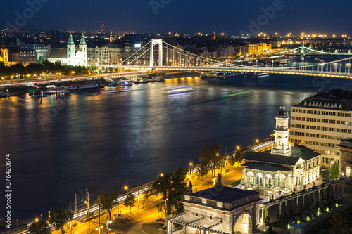 Night view of the Danube river embankment in Budapest. Hungary