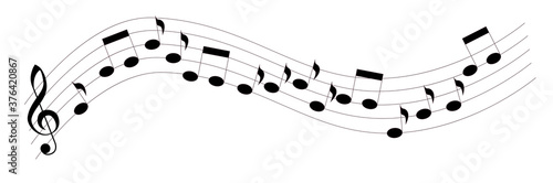 Treble clef and notes on a curved stave. Vector illustration isolated on white background.