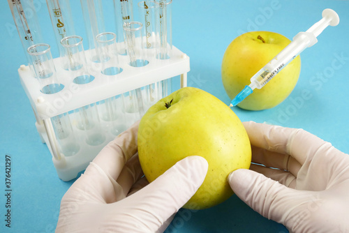apple in genetic engineering laboratory with syringe and test tubes on blue background, gmo food concept