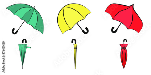 Blue yellow and red umbrellas vector icon set illustration in opened and closed position on white background