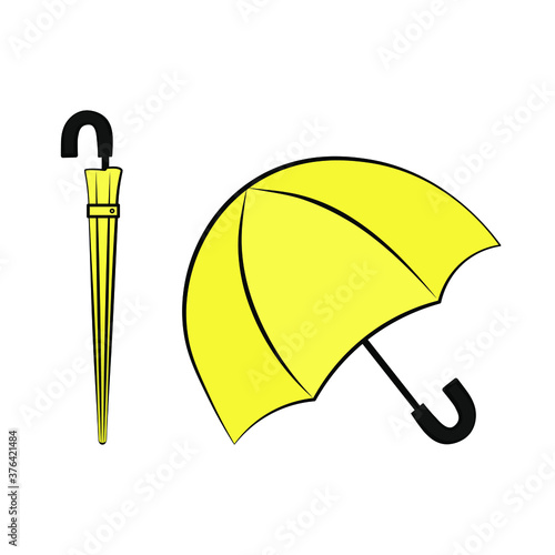 Yellow umbrella vector icon set illustration in opened and closed position on white background