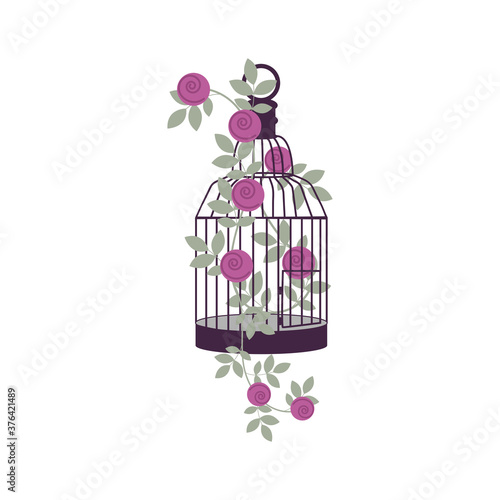 Decorative cage for birds with a branch of a rose.