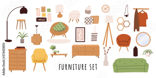 Trendy scandinavian hygge interior, boho style. Sofa, wardrobe, mirror, armchair, plant, lamp, home decorations. Cozy Interior living rooms or apartments furniture set. Flat vector illustration bundle