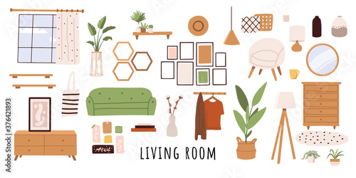 Trendy scandinavian hygge interior, boho style. Sofa, wardrobe, mirror, armchair, plant, lamp, home decorations. Cozy Interior living rooms or apartments furniture set. Flat vector illustration bundle