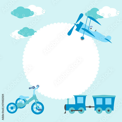 Greeting card for the boy with a parachute, airplane, bicycle