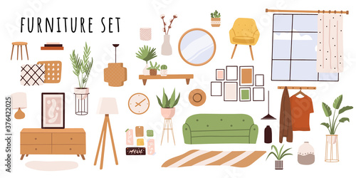 Trendy scandinavian hygge interior, boho style. Sofa, wardrobe, mirror, armchair, plant, lamp, home decorations. Cozy Interior living rooms or apartments furniture set. Flat vector illustration bundle