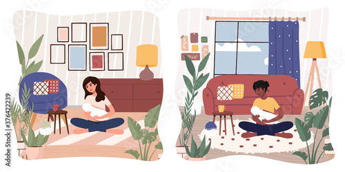 Mother breast feeding her newborn baby in lotus pose, yoga, meditation. Woman breastfeeding infant indoors. Trendy scandinavian hygge interior, living room. Happy motherhood, natural feeding concept