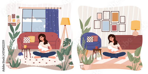 Mother breast feeding her newborn baby in lotus pose, yoga, meditation. Woman breastfeeding infant indoors. Trendy scandinavian hygge interior, living room. Happy motherhood, natural feeding concept