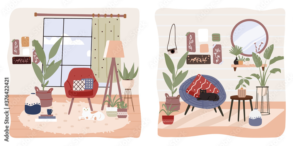 Scandinavian hygge style interior with cat. Comfy furniture and home decorations set. Cozy living room or apartments with armchair, plant, lamp, carpet, home elements. Flat vector illustration bundle Scandinavian hygge style interior with cat. Comfy furniture and home decorations set. Cozy living room or apartments with armchair, plant, lamp, carpet, home elements. Flat vector illustration bundle