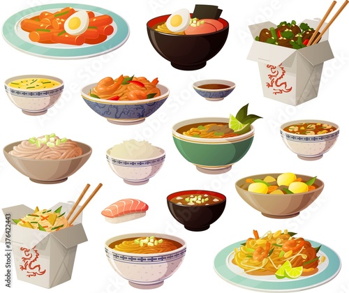 Vector illustration of various asian dishes and soups isolated on white background.