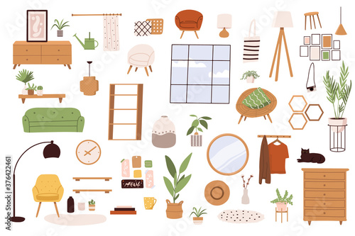 Trendy scandinavian hygge interior, boho style. Sofa, wardrobe, mirror, armchair, plant, lamp, home decorations. Cozy Interior living rooms or apartments furniture set. Flat vector illustration bundle