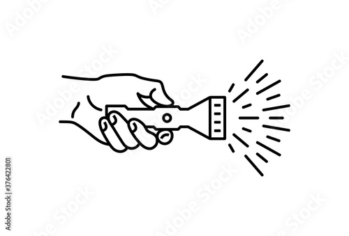Hand holds pocket flashlight, vector linear icon.