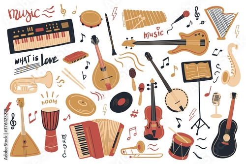 International Music Day. Vector musical instrument set. Illustration of guitar, trumpet, tambourine, saxophone, drum, violin, harmonica, notes, clef, harp, piano, mandolin, banjo, accordion.
