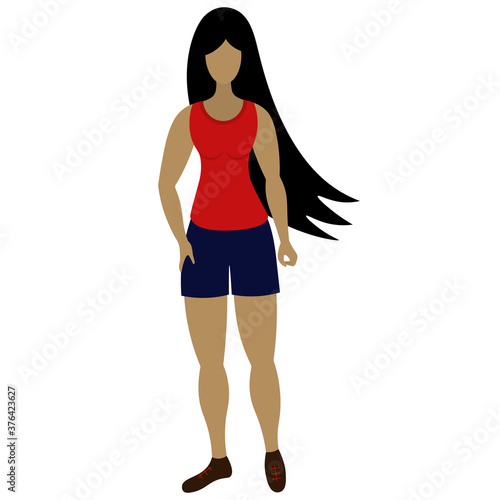 Latino girl posing. The sportswear model leads a healthy lifestyle. Flat style. Vector illustration. Isolated white background. Woman in a T-shirt, shorts and sneakers. Lady with long hair. Anonymous 