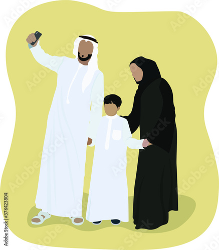 arabic muslim emirati family  wear traditional clothes and making selfie faceless people vector illustration from united arab emirates