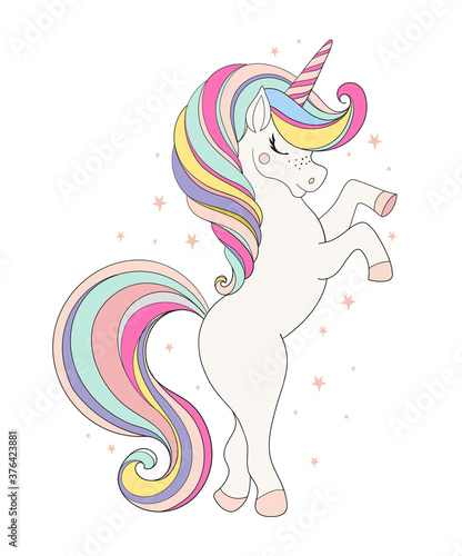 Vector illustration with cute unicorn isolated on white background. Flat cartoon design for birthday, invitation, greeting card, nursery print, baby shower. Magical fabulous animal.