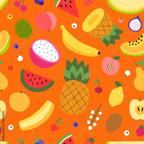 Fototapeta Naklejka Na Ścianę i Meble -  Fruit vector pattern. Seamless background with fruits. Colorful pattern with healthy food
