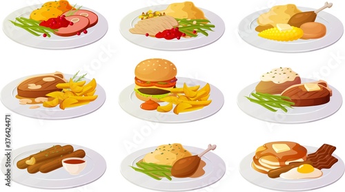 Vector illustration of various american dishes and snacks isolated on white background