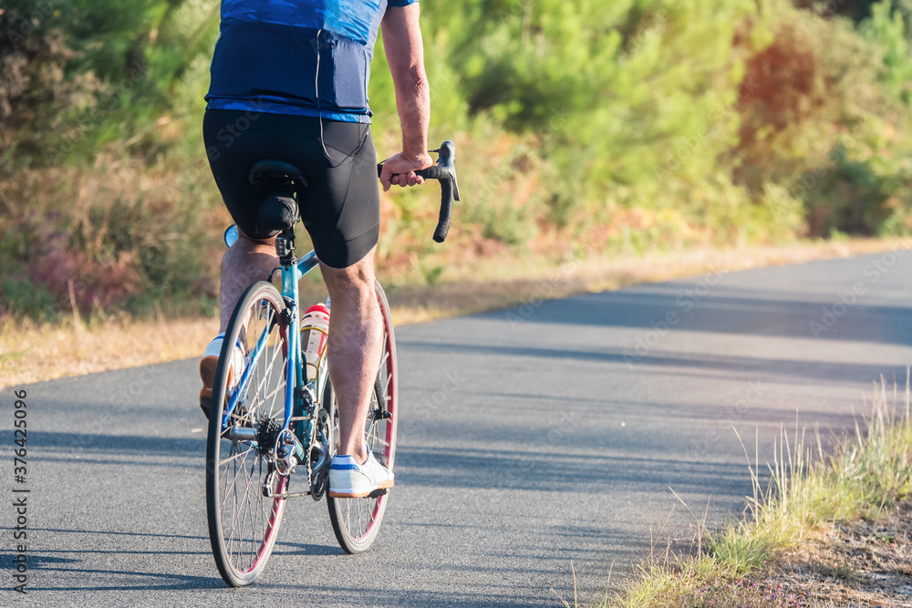 Naklejka premium mature cyclist in the Landes forest