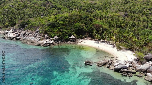 Bungalows and green coconut palms on tropical beach. Cottages on sandy shore of diving and snorkeling resort on Koh Tao paradise island near calm blue sea on sunny day in Thailand. Drone view.