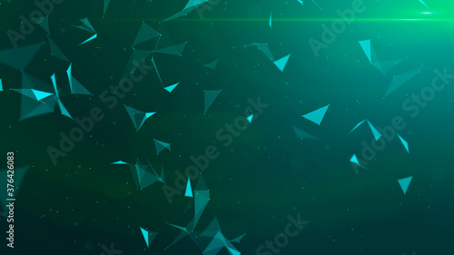 Green abstract technology modern background with spotted particles and plexus connected triangle lines. 3D rendering.