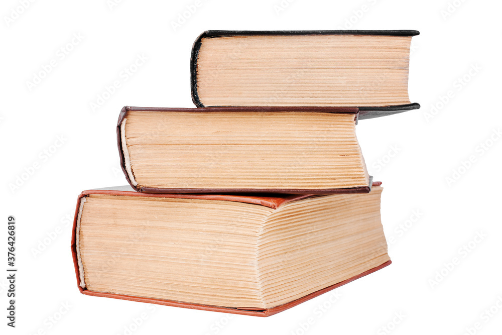 Three closed old thick paper books with yellow pages white background isolated close up, book heap, pile, stack, vintage hardcover textbooks, education symbol, read & study sign, library literature Three closed old thick paper books with yellow pages white background isolated close up, book heap, pile, stack, vintage hardcover textbooks, education symbol, read & study sign, library literature
