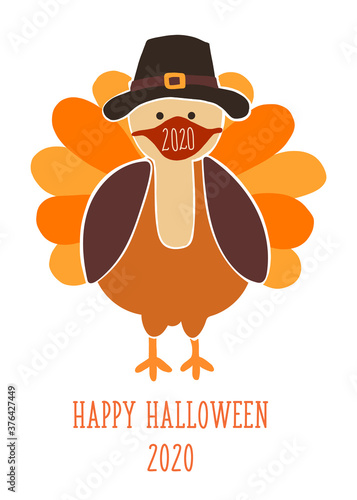 Thanksgiving 2020 greeting card template. Fully editable vector illustration. Turkey wearing a face mask. Stay home, social distancing design. Flyer, poster, greeting card, social media post