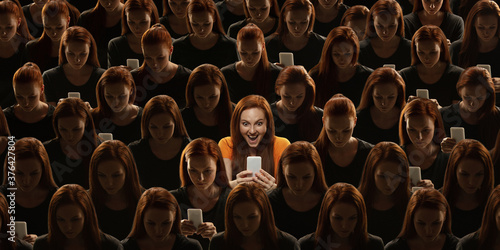 Top view of grey crowd of identical people and special one woman, difference and diversity concept. Unique among the faceless, not like everyone else. Crazy happy scrolling phone, astonished. Collage.