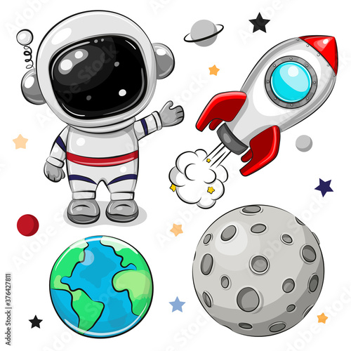 Space set of astronaut, rocket and planets