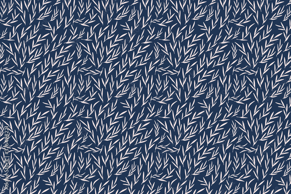 White leaf pattern on blue. Hand drawn leaf pattern.