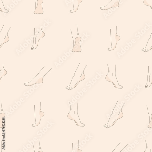 Vector seamless pattern of human feet in various poses. Hand drawing with a line.