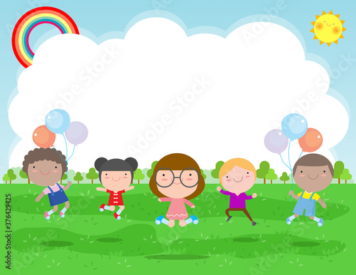 Happy children jumping and dancing on the park, kids activities,  children playing in playground, Template for advertising brochure,your text, flat Funny cartoon character,design Vector Illustration