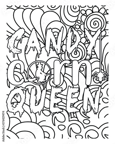  Candy corn queen Halloween coloring book page design.