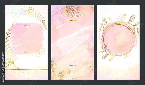 Set of Elegant pink template with gold plants for Stories and streaming. Mockup for personal blog, shop or user story. Layout for promotion, stories and post in social media.